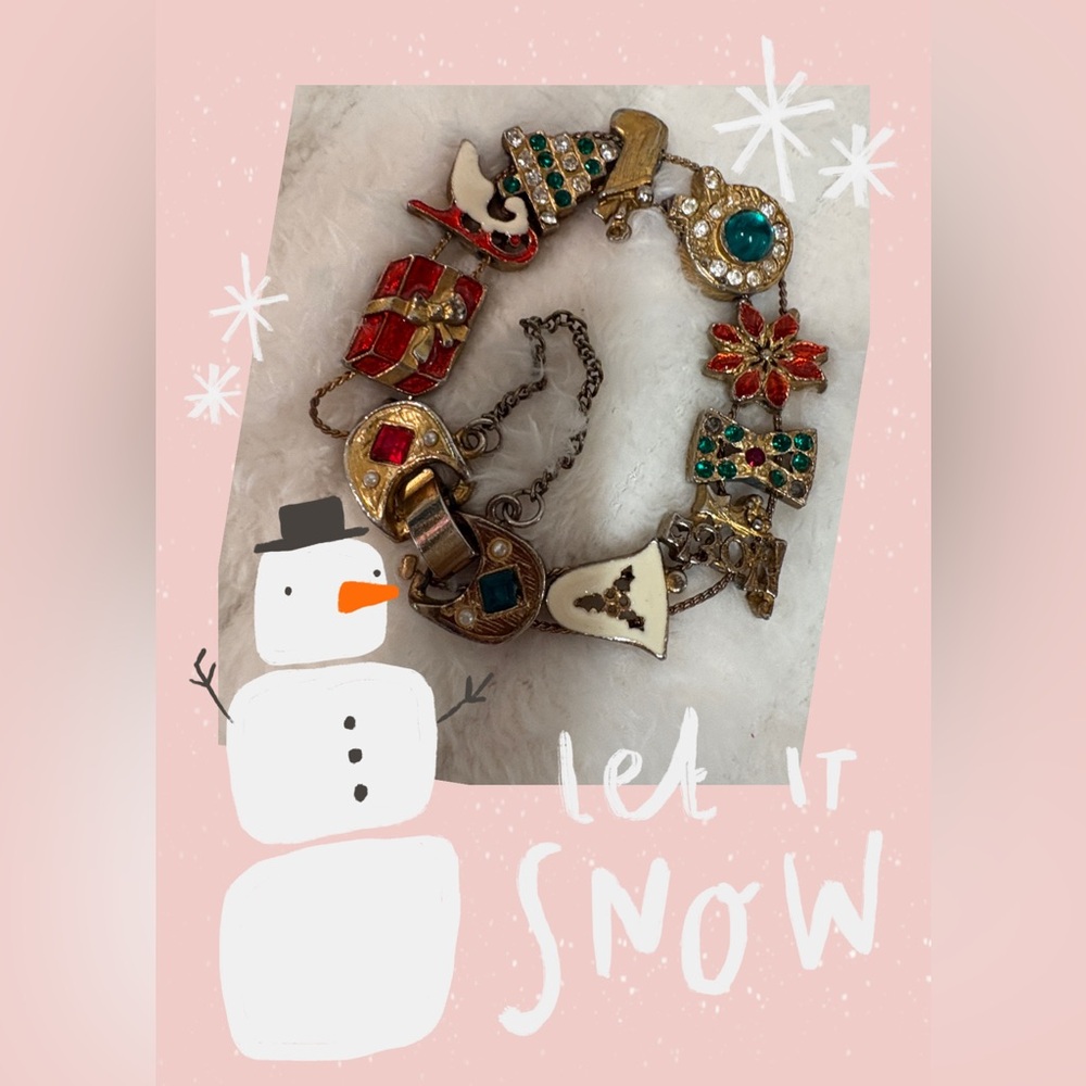 Vintage Christmas Panel Slide enamel Charm Rhinestone vintage Bracelet